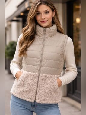 Calvin Klein Women’s Quilted & Sherpa Vest Beige Size S NWT